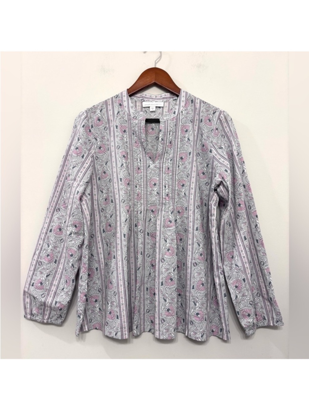 J.Jill Pure Jill Organic Cotton Blouse Tunic Long Sleeve Gray Pink Floral Sz M/L
